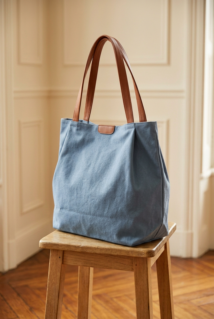 Bolso azul en vista de tres cuartos
