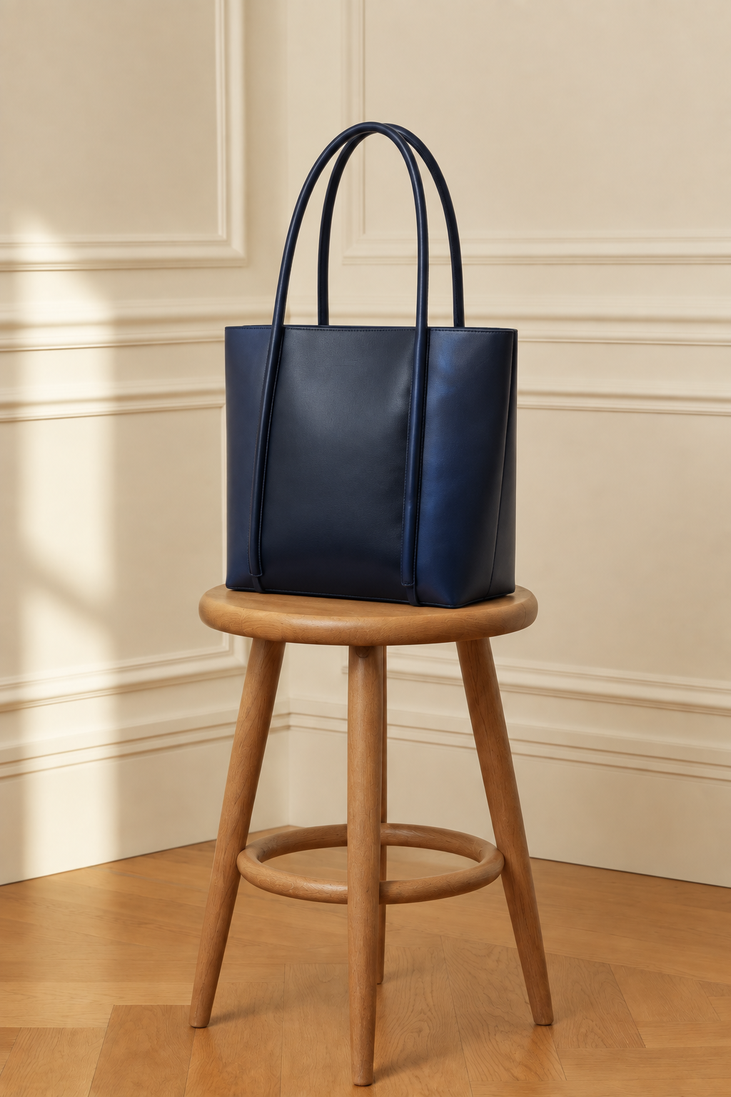 Bolso azul marino cuadrado, vista en tres cuartos