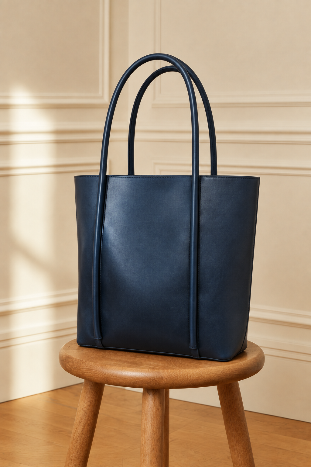 Bolso azul marino sobre el taburete de madera