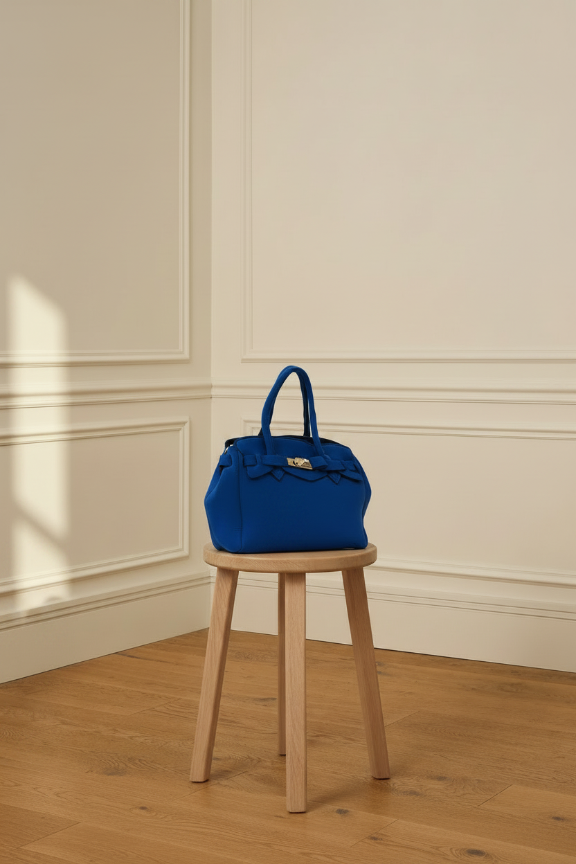 Bolso azul sin etiqueta, pared blanca