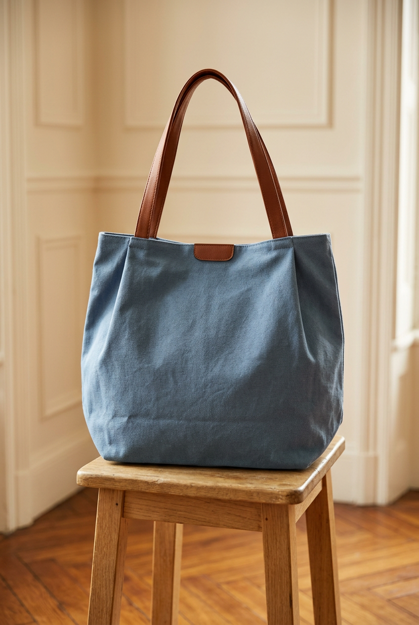 Bolso azul sobre un taburete de madera