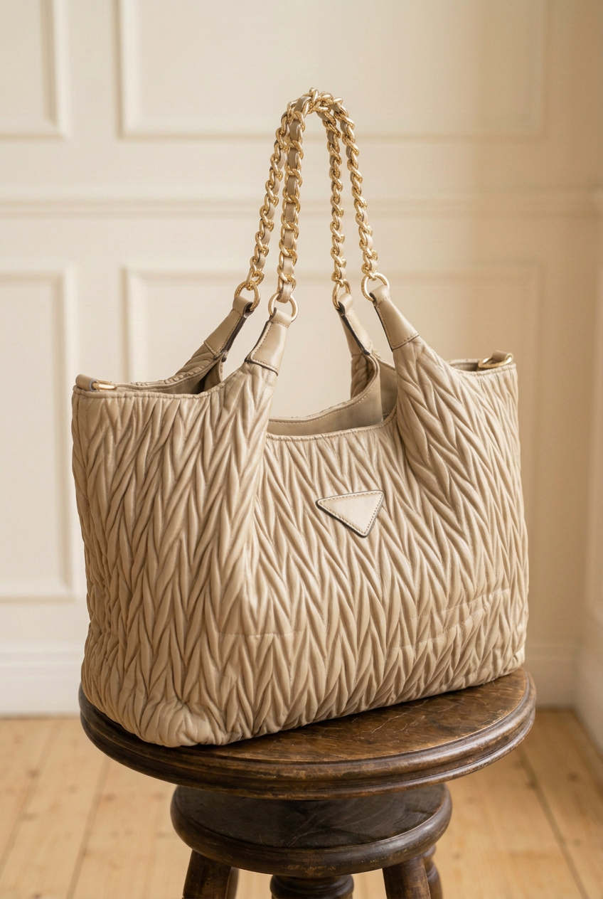 Bolso beige claro en vista de tres cuartos