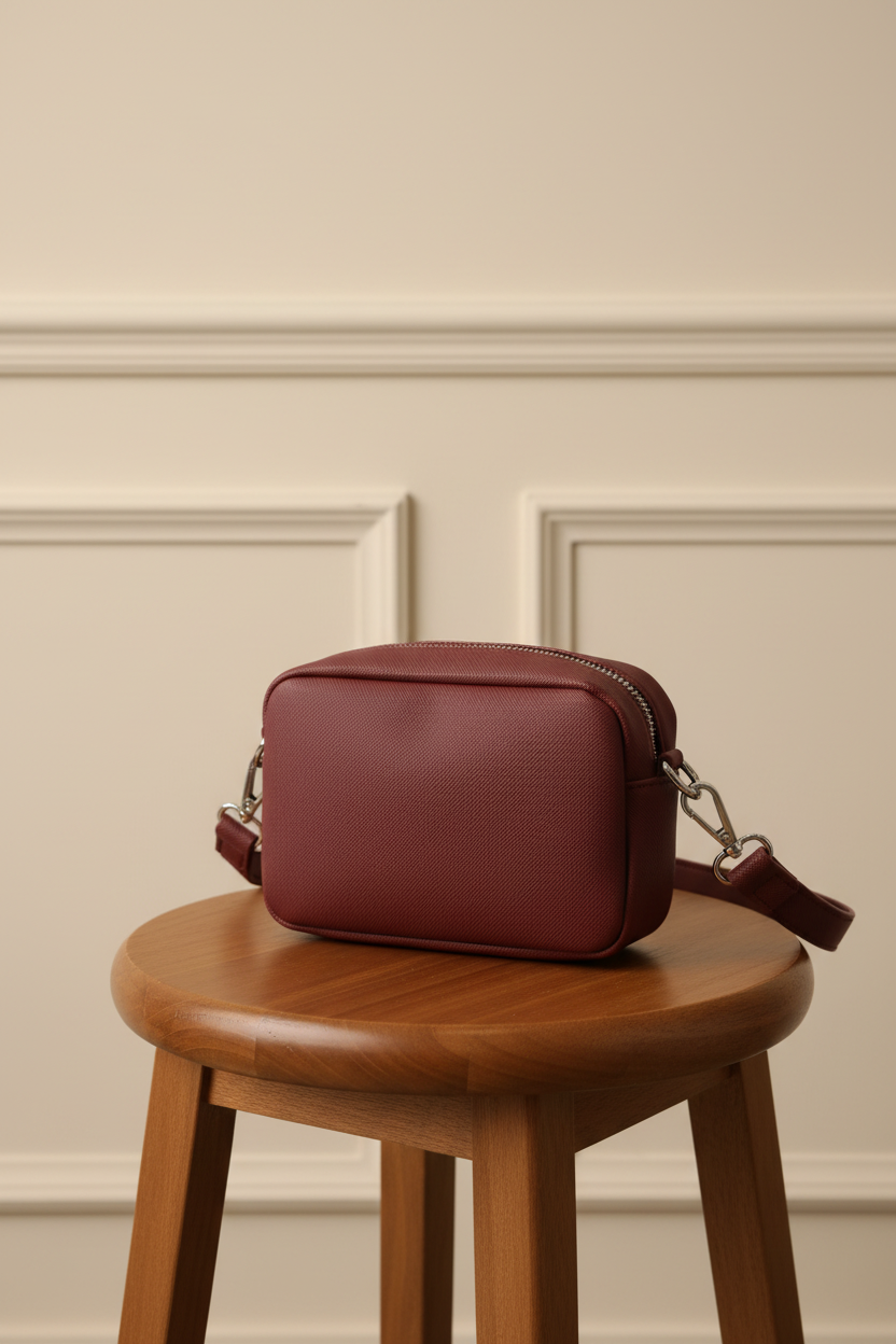 Bolso cámara granate sobre taburete