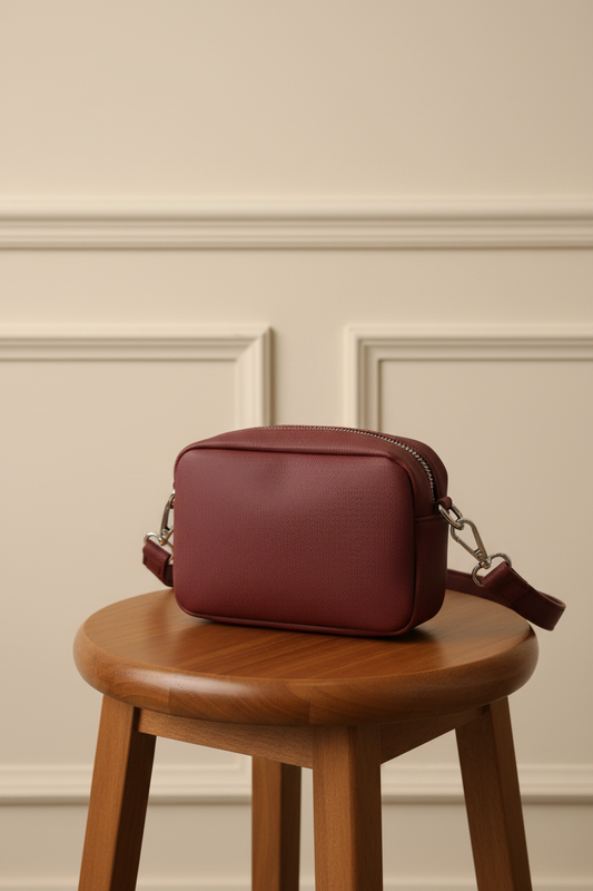 Bolso cámara granate sobre taburete