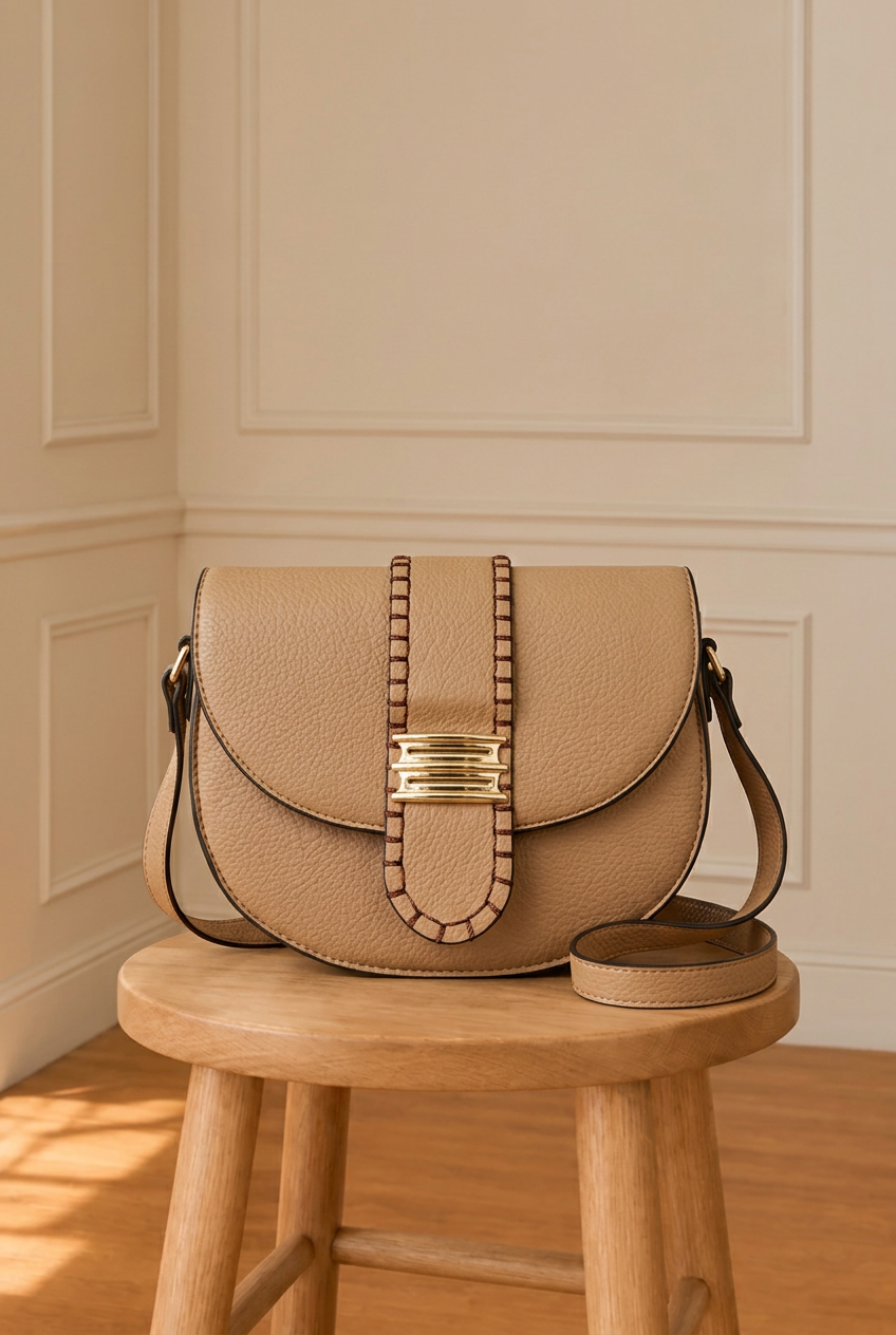 Bolso camel sobre taburete en la sala habitual