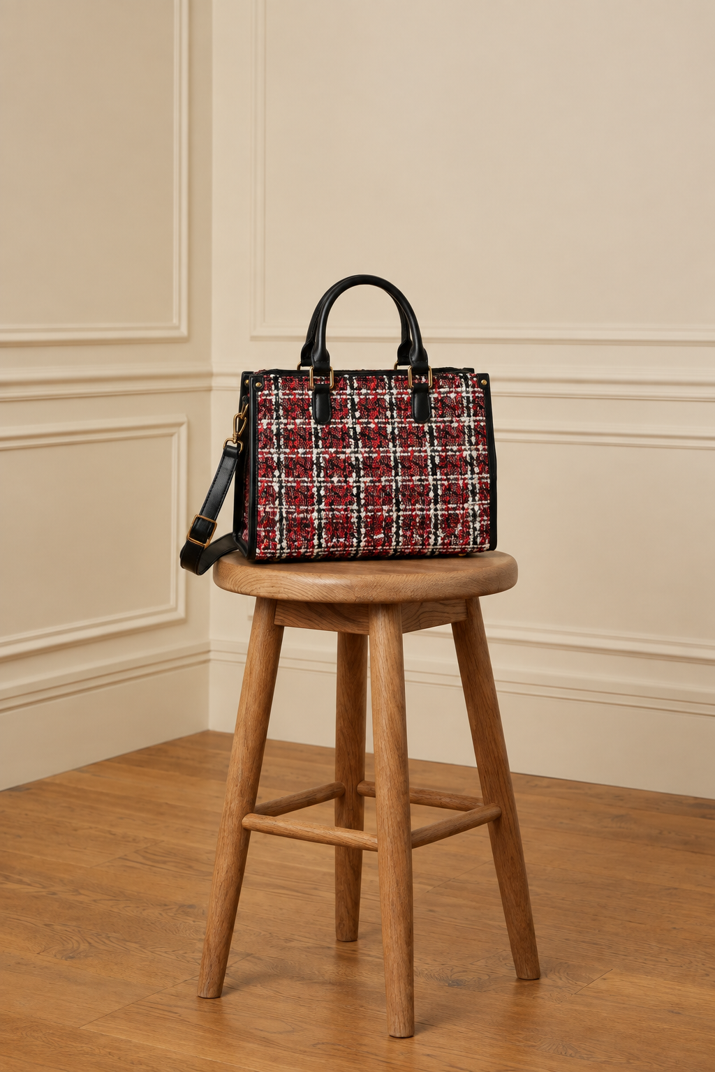 Bolso de asas cortas rojo-granate sobre el taburete