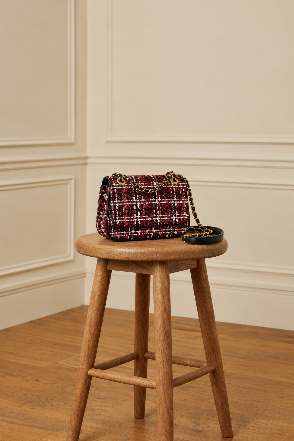 Bolso de cadena rojo-granate sobre el taburete