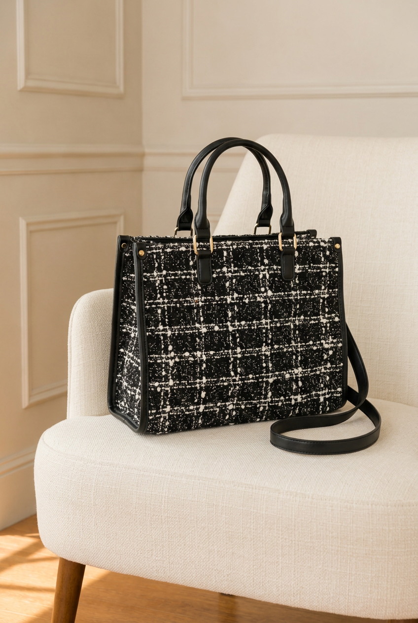 Bolso de tweed negro con asas cortas sobre una butaca