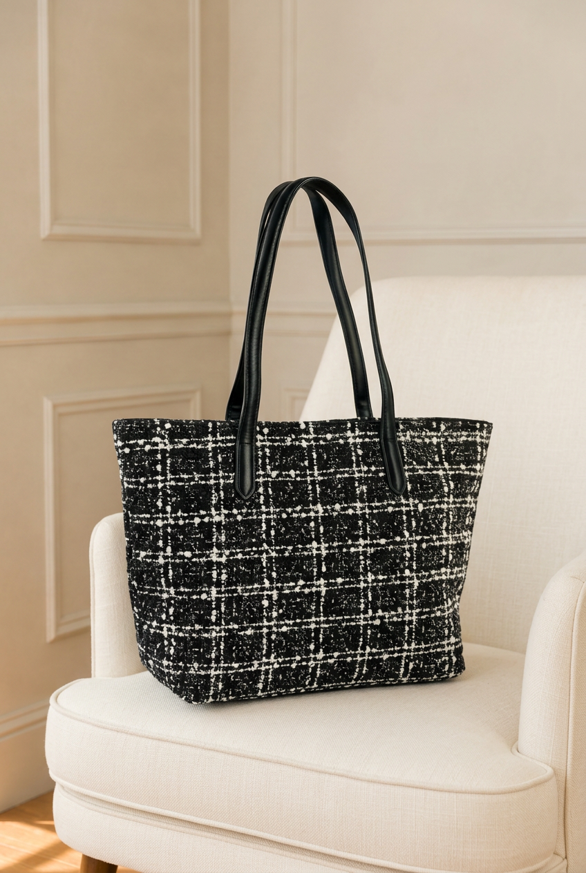 Bolso de tweed negro con asas largas sobre una butaca