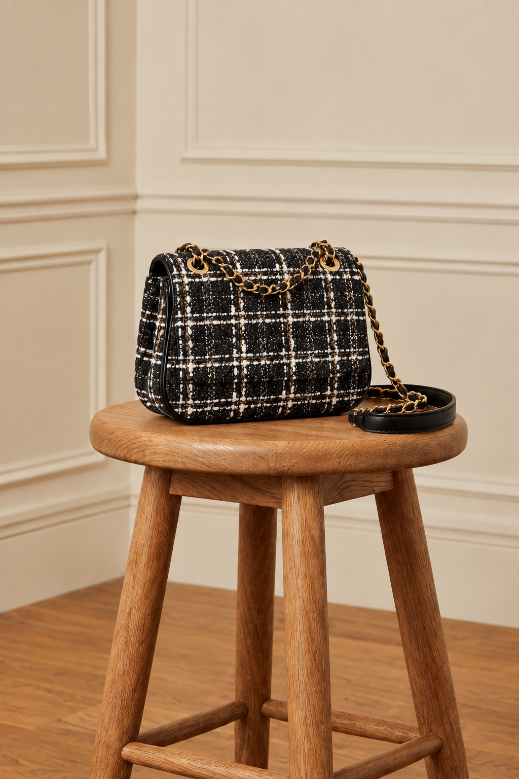 Bolso de tweed oscuro sobre el taburete, con la forma del modelo de la ficha