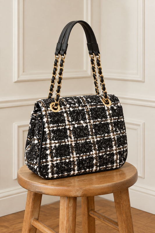 Bolso de tweed sobre un taburete en la estancia de molduras