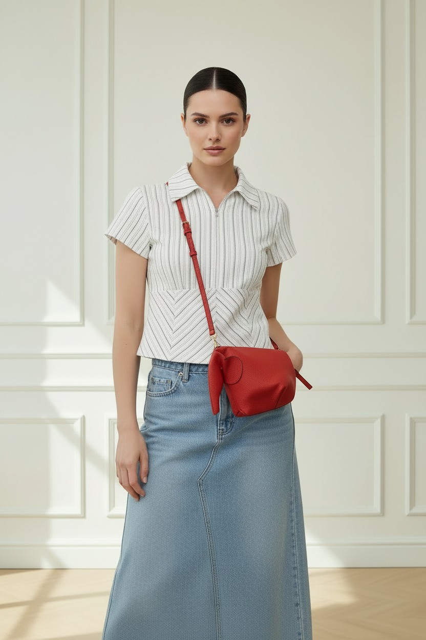 Camisa polo rayas doradas blanca - look con bolso elefante rojo