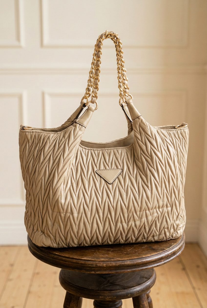 Bolso en beige claro con cadenas doradas sobre taburete