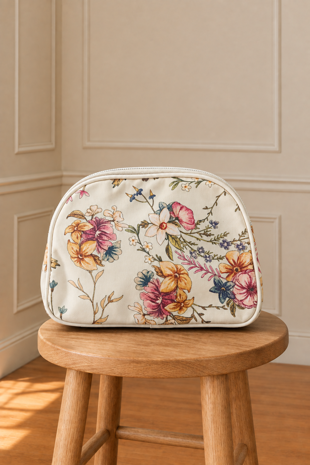 Bolso floral sobre el taburete en la estancia con molduras