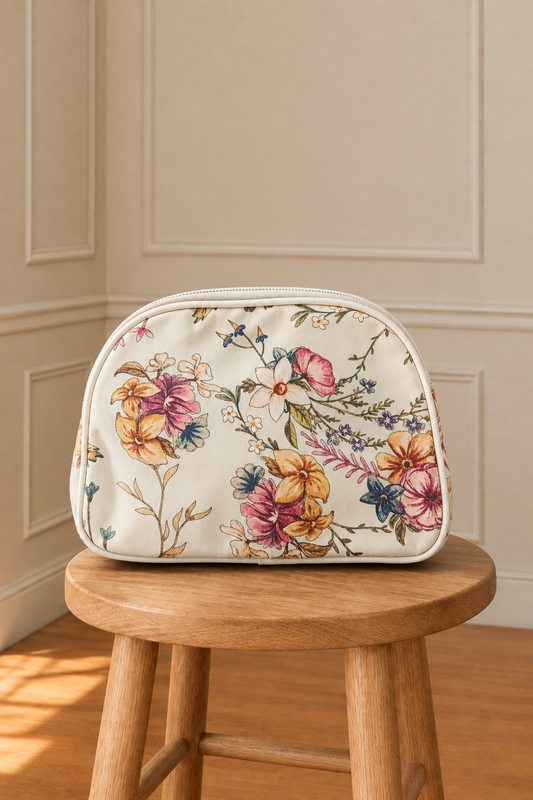 Bolso floral sobre el taburete en la estancia con molduras