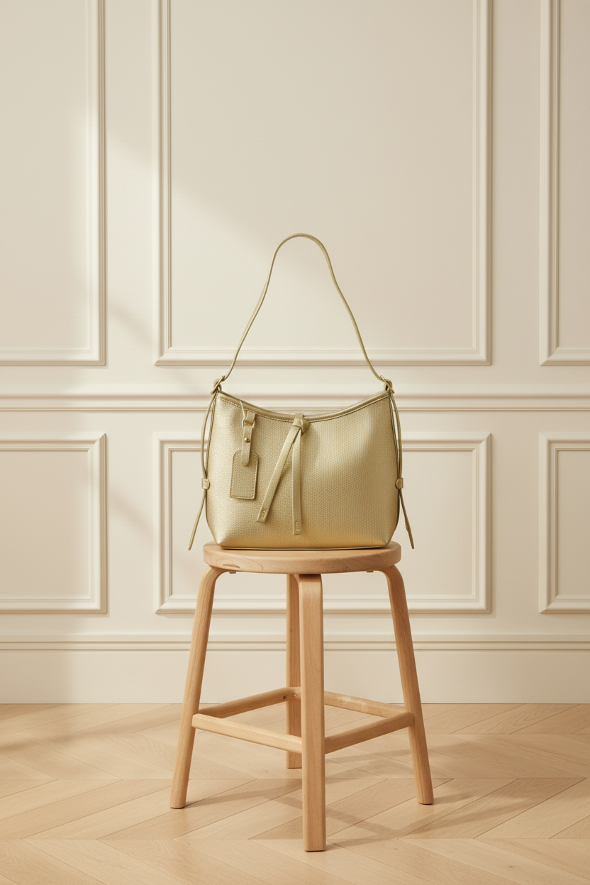 Bolso hobo dorado sobre taburete
