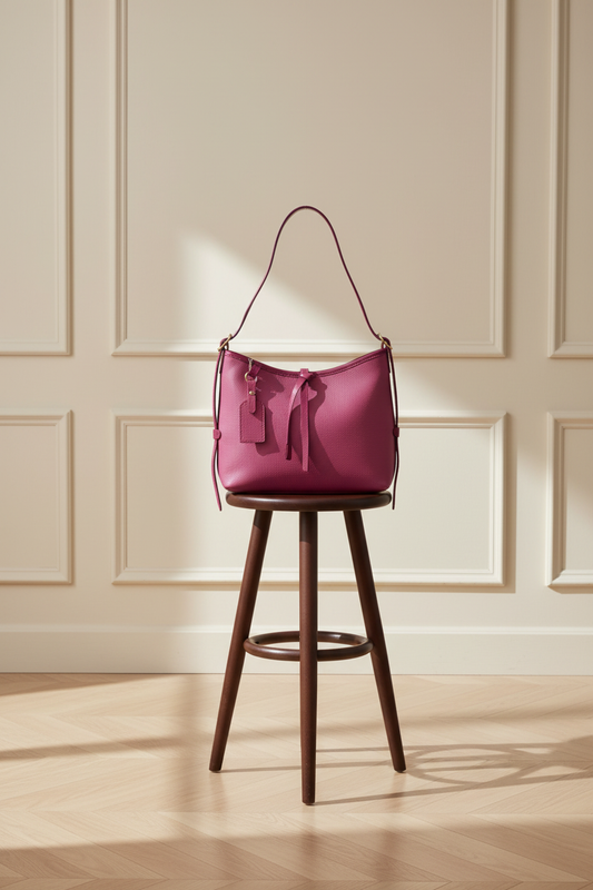 Bolso hobo fucsia sobre taburete