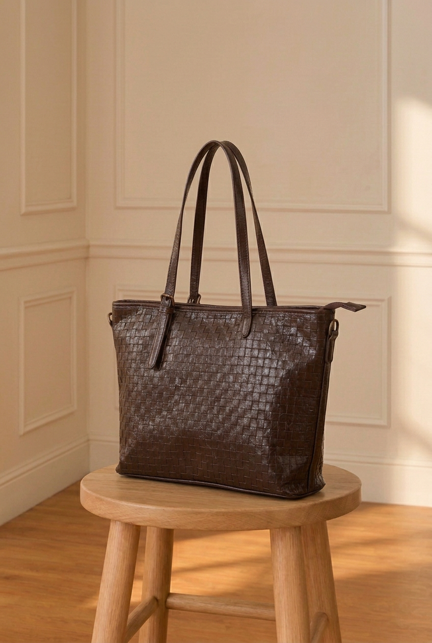 Bolso marrón en tres cuartos sobre el taburete