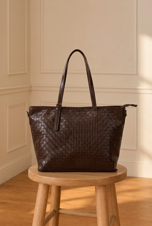 Bolso marrón sobre el taburete de madera