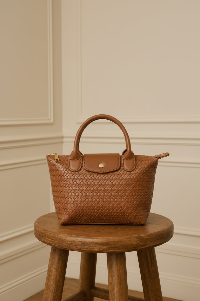 Bolso marrón trenzado sobre taburete