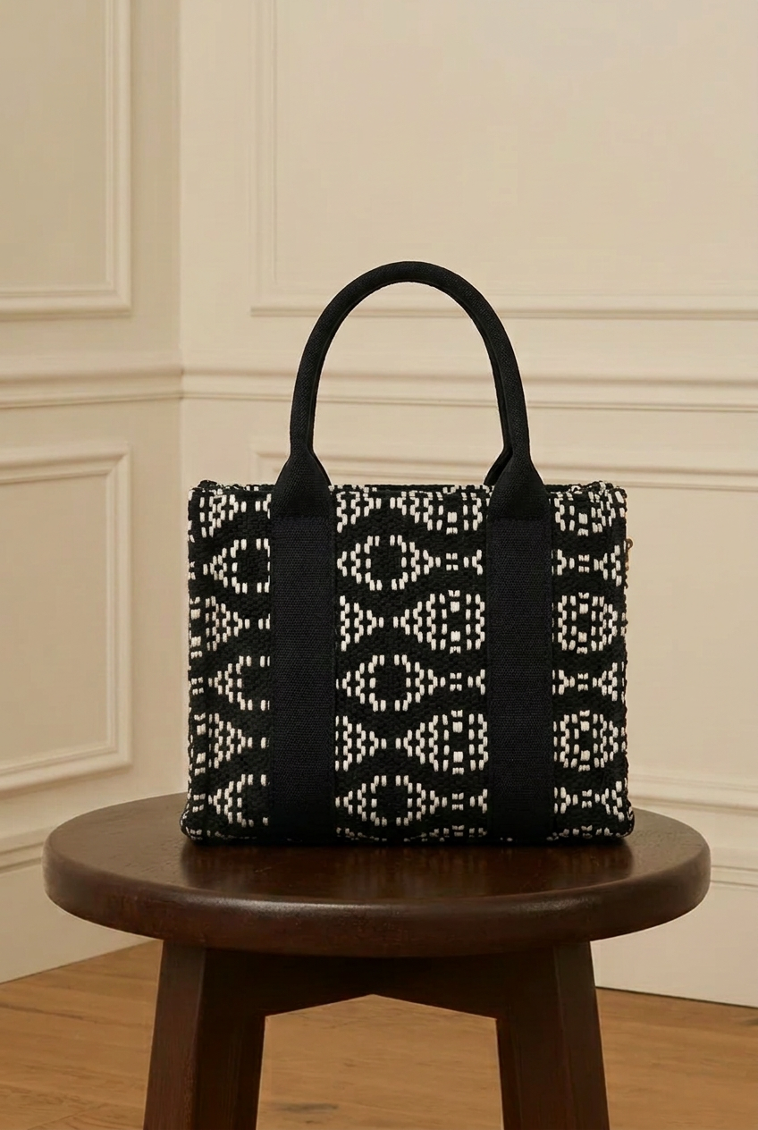 Bolso negro y blanco sobre el taburete, sin la cartera lateral