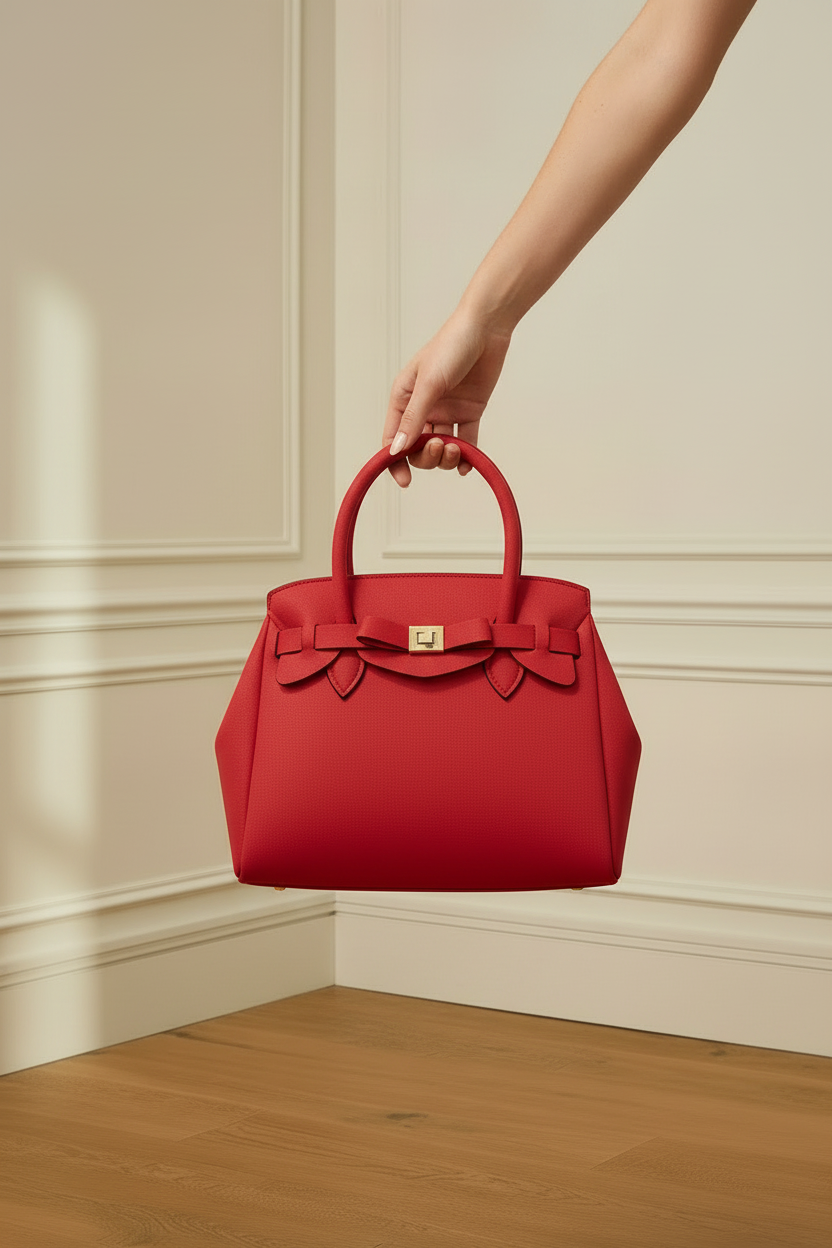 Bolso neopreno rojo con mano agarrando
