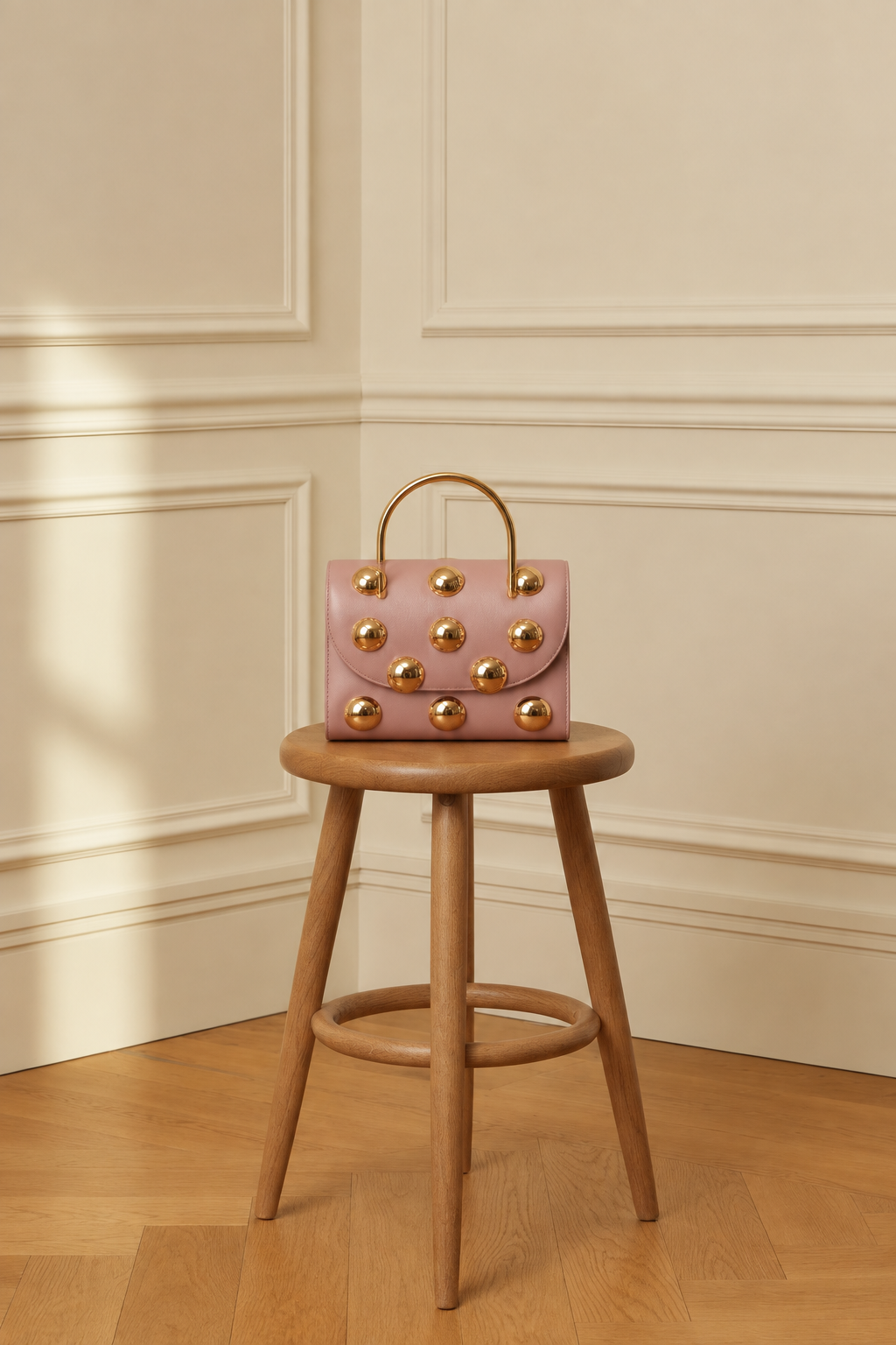 Bolso rosa sobre el taburete