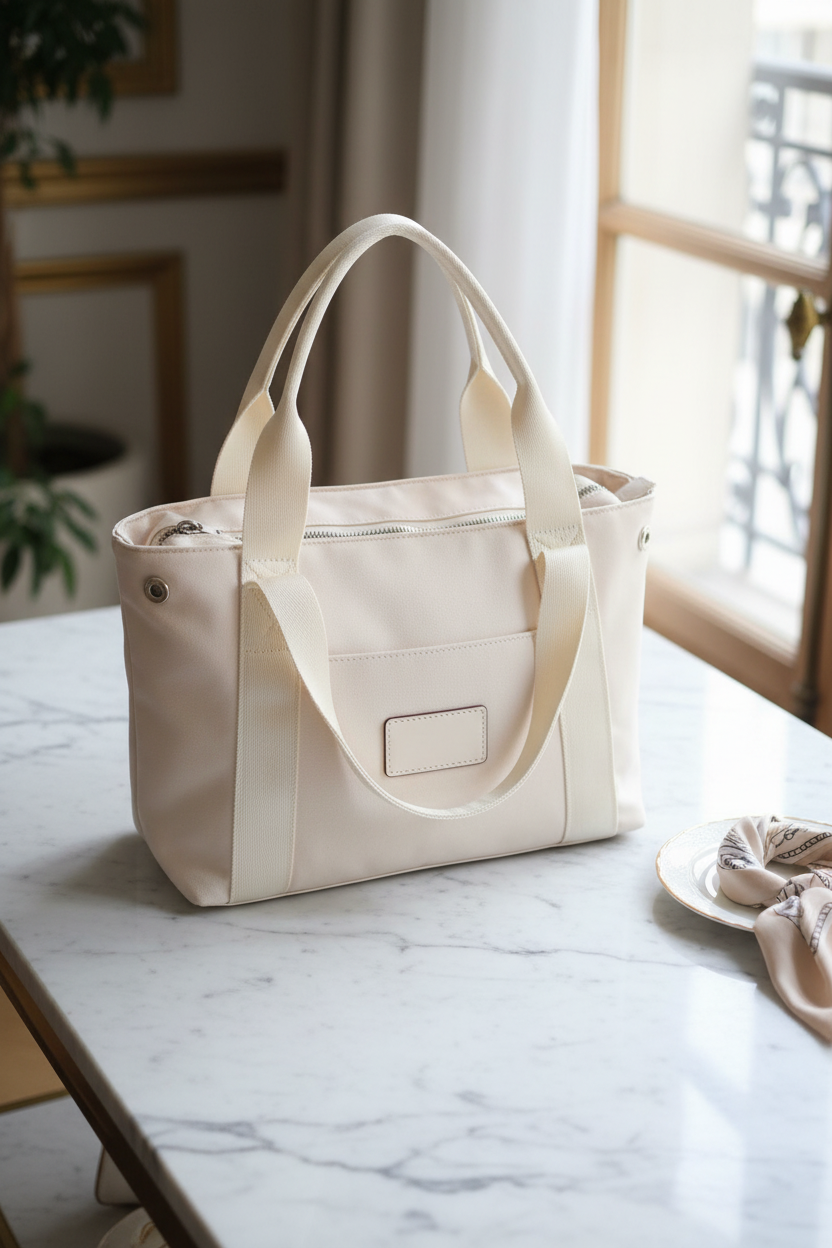 Bolso tote crema flat lay
