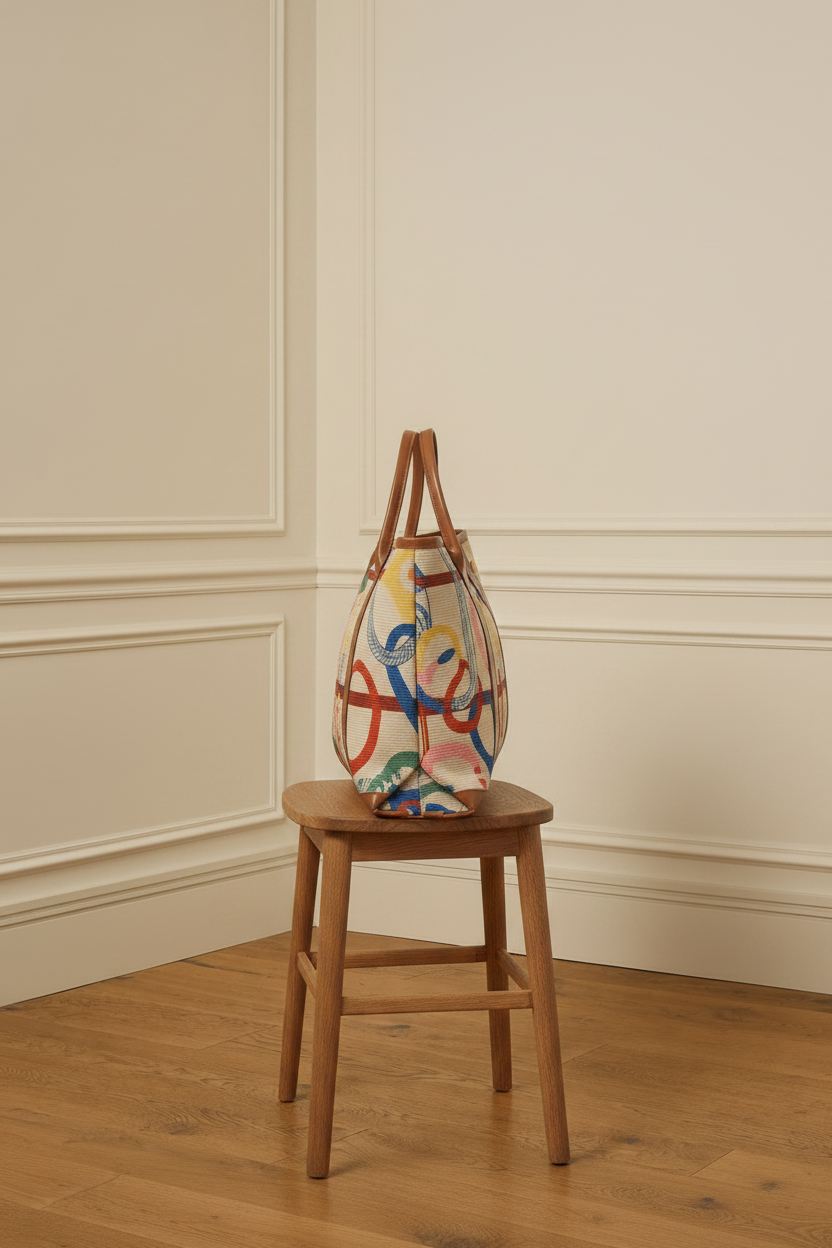 Bolso tote sobre taburete - lateral