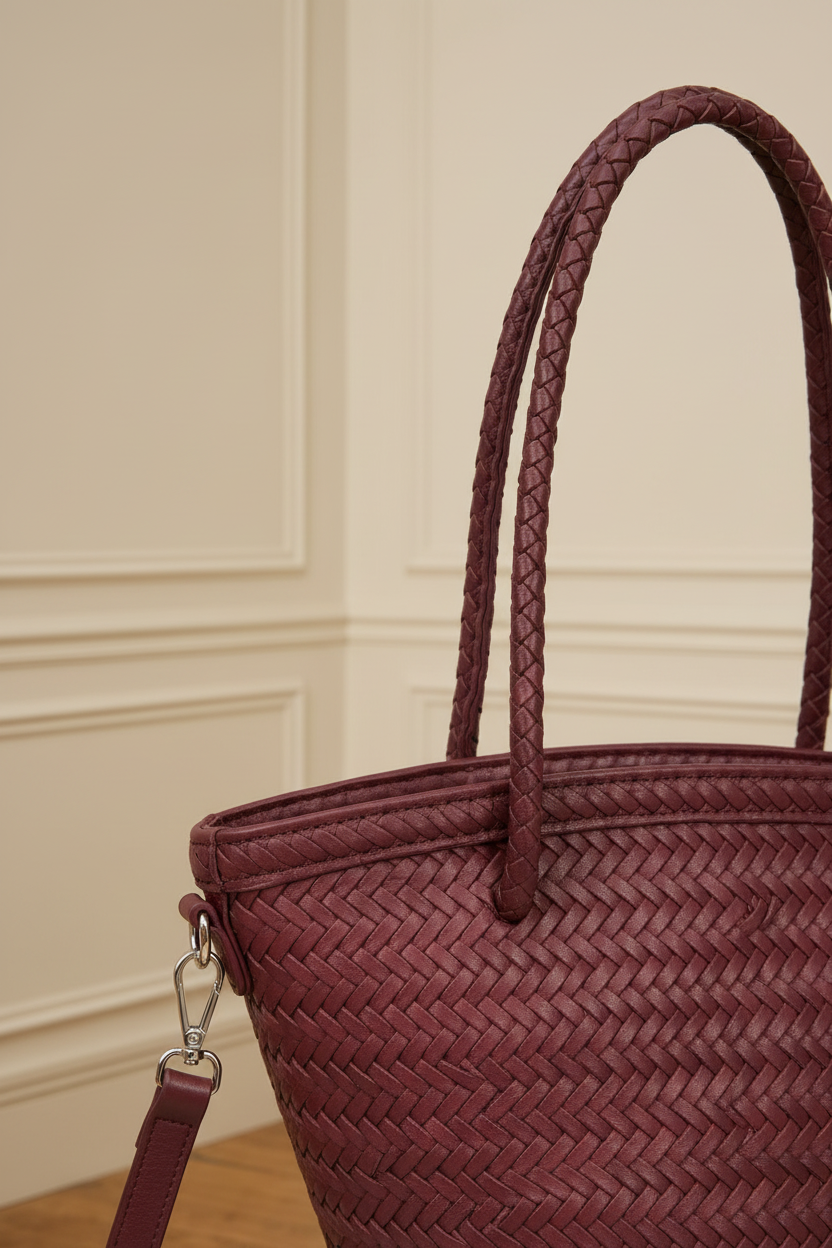 Bolso cesta trenzado burdeos - detalle textura trenzado