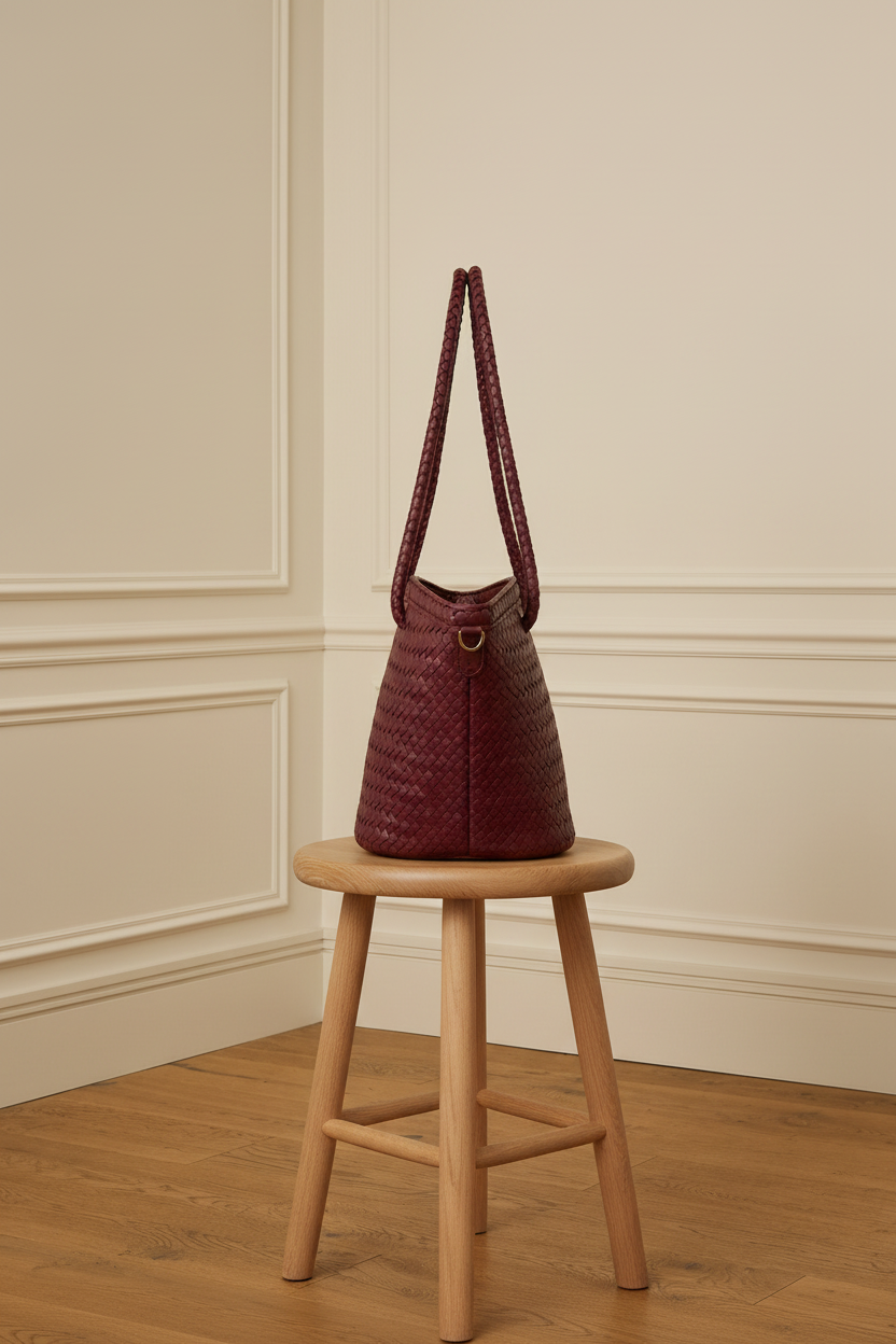 Bolso cesta trenzado burdeos - vista lateral