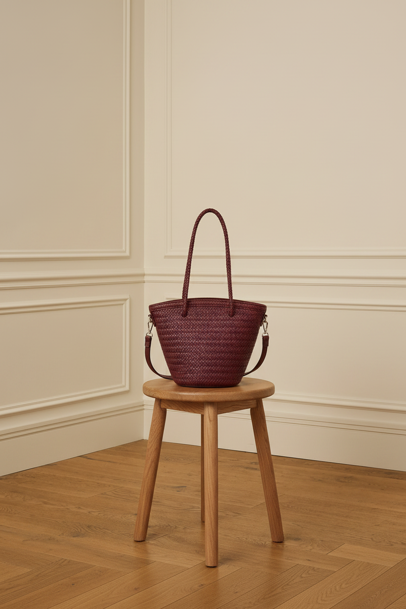 Bolso cesta trenzado burdeos - vista trasera