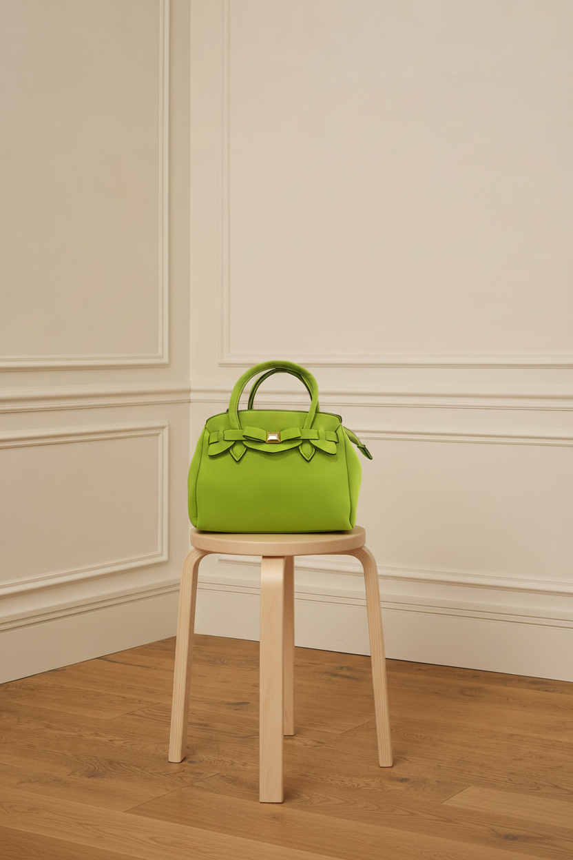Bolso verde lima sobre taburete