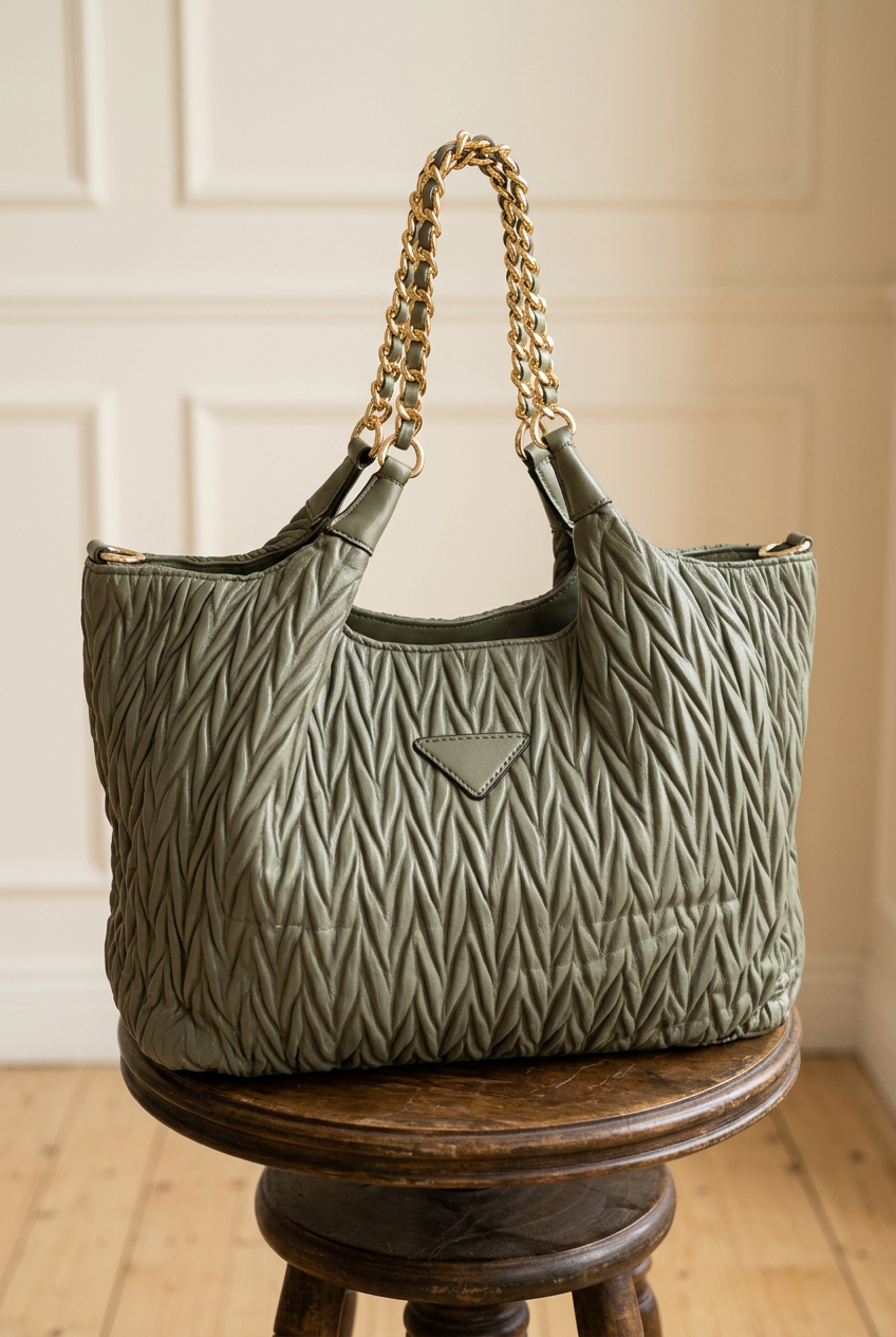 Bolso verde oliva sobre taburete