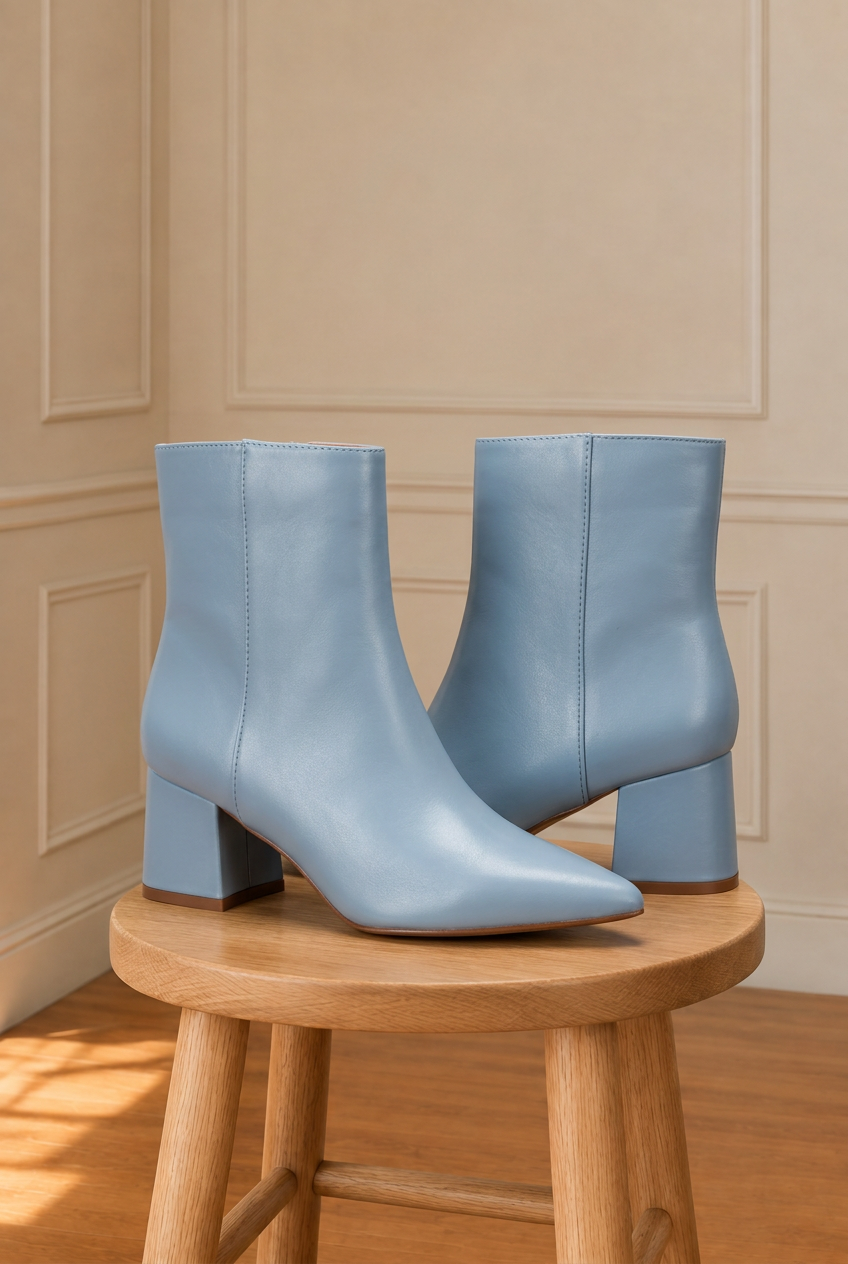 Botines azules de punta sobre el taburete de madera