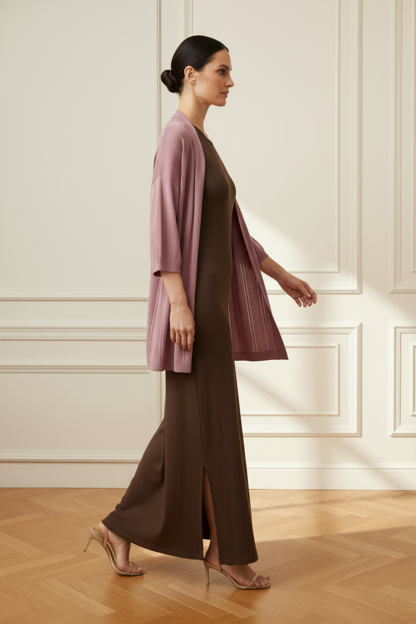 Cárdigan rosa + vestido marrón - caminando de lado