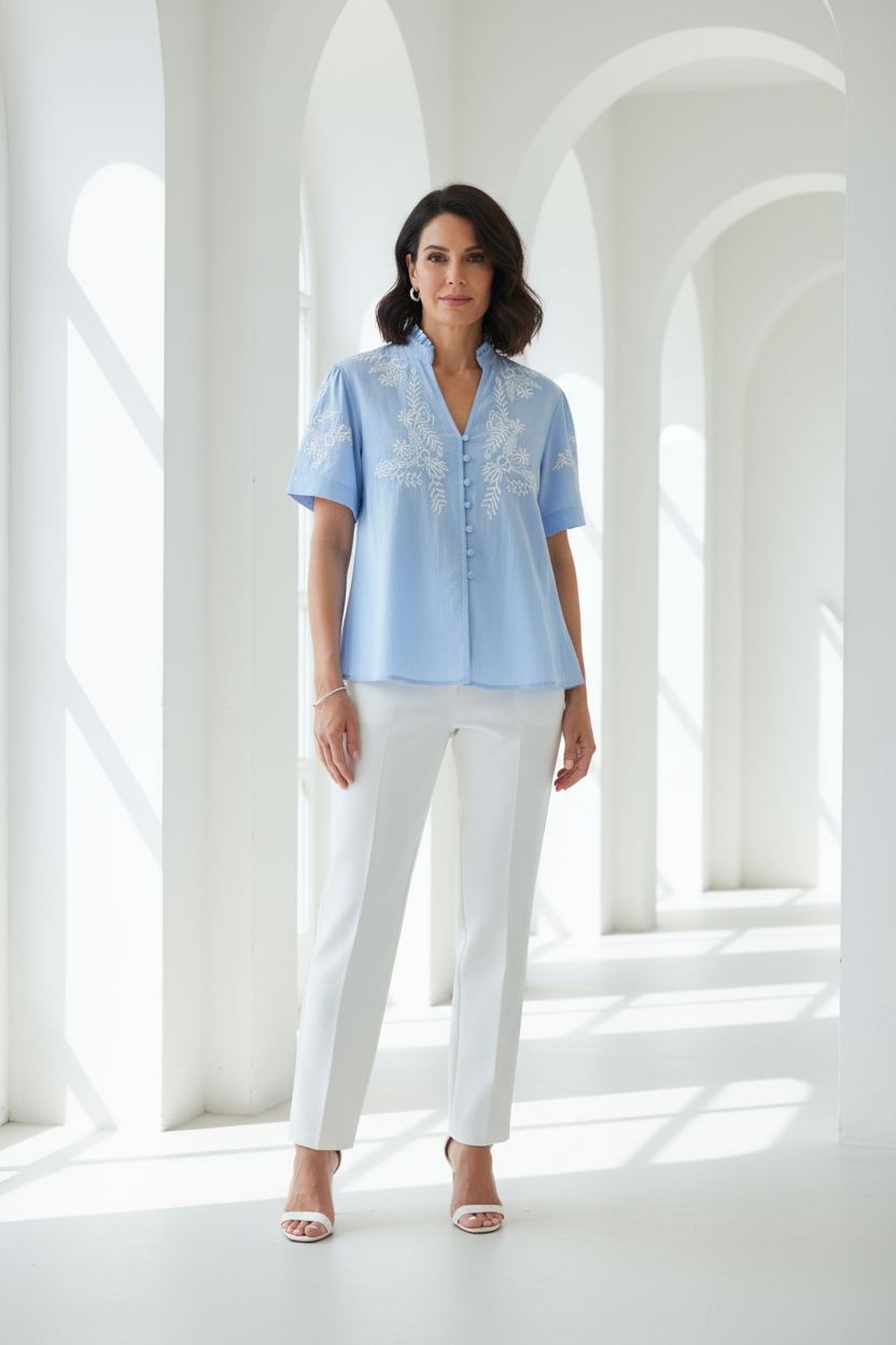 Camisa azul celeste bordado blanco con pantalón blanco