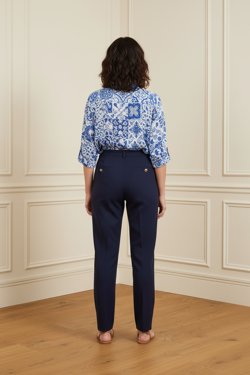 Camisa kimono azulejo - espalda con pantalón navy