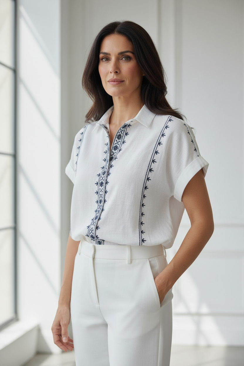 Camisa blanca bordado étnico detalle