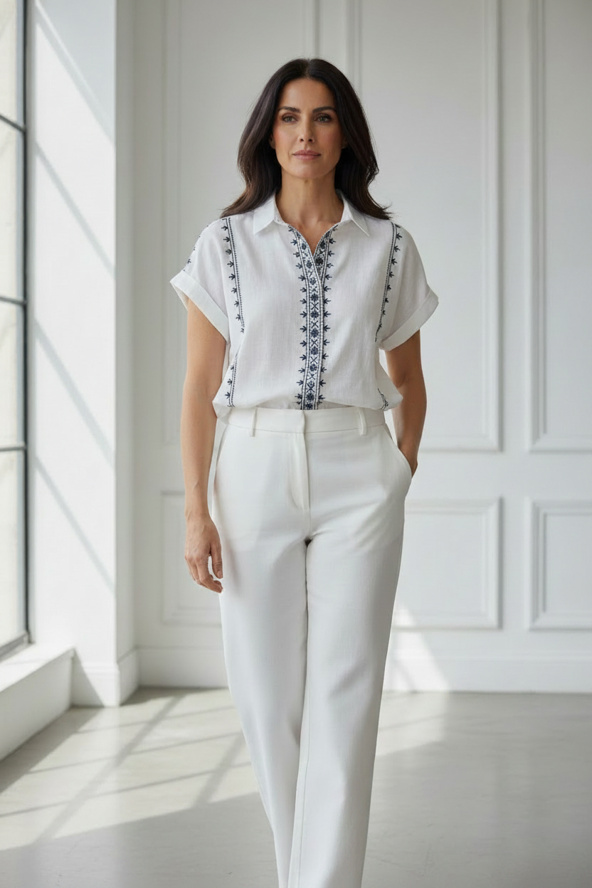 Camisa blanca bordado étnico vista lateral