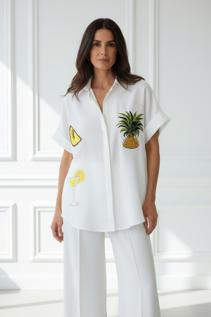 Camisa blanca bordados piña cóctel modelo española