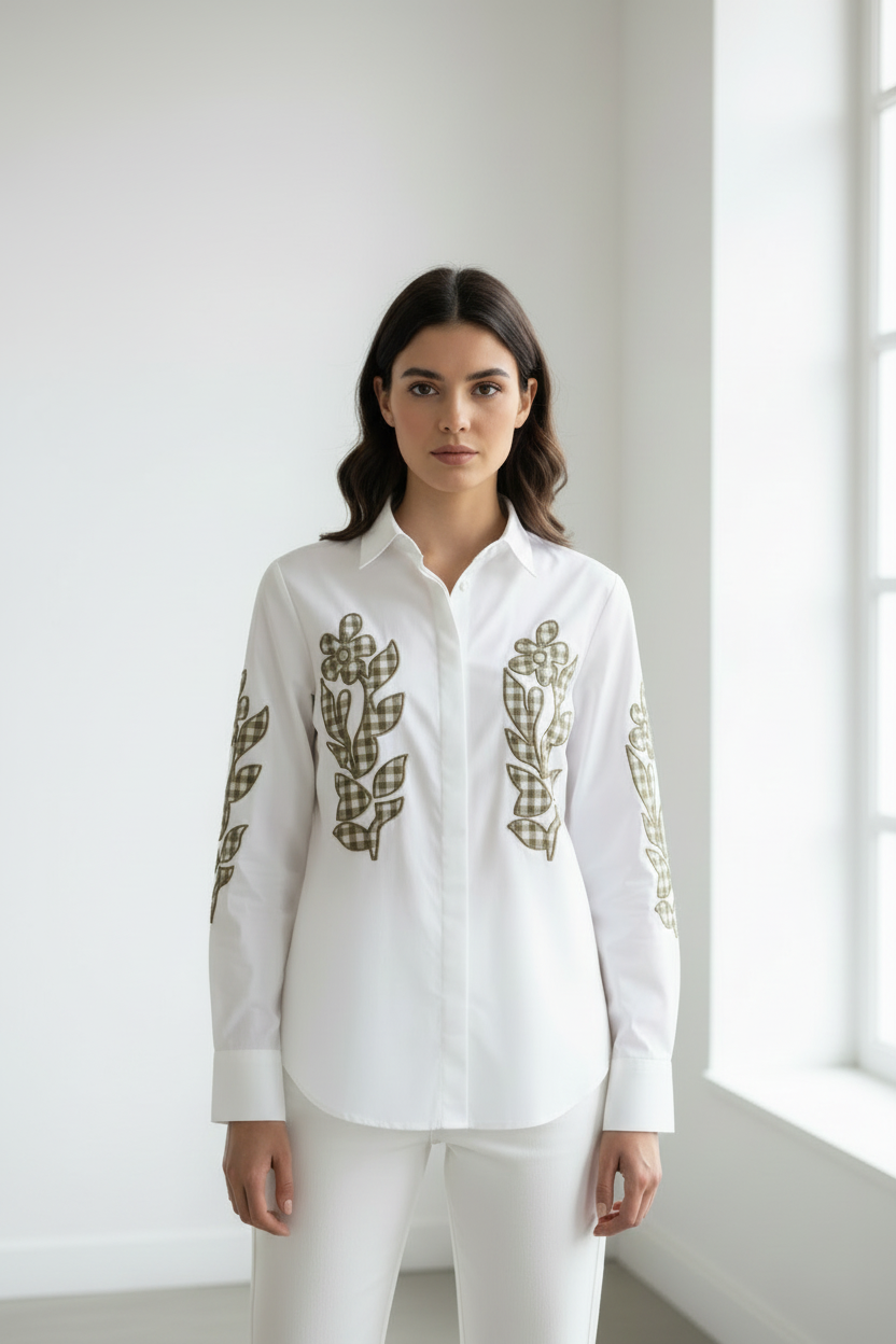 Camisa blanca con bordado vichy beige