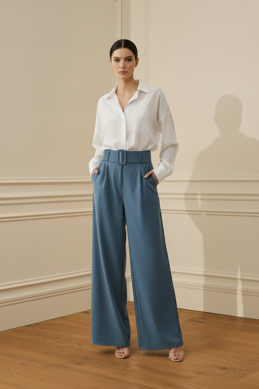 Camisa blanca palazzo azul habitación esquina