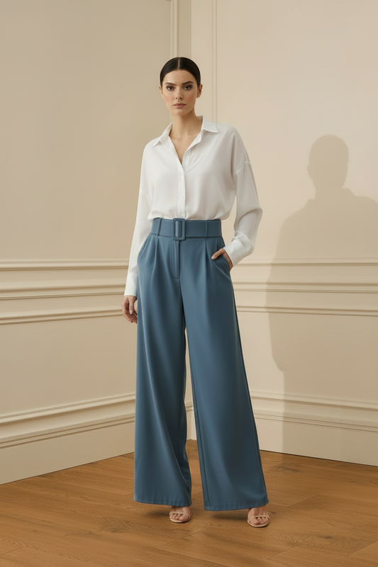 Camisa blanca palazzo azul postura natural sin sombra