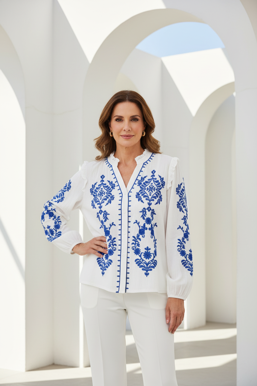 Camisa bordada azul con pantalón blanco
