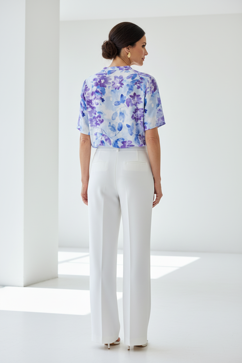 Camisa floral azul lila espalda modelo española