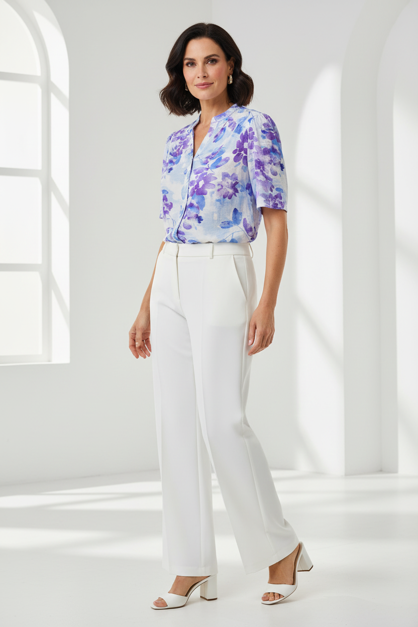 Camisa floral azul lila tres cuartos modelo española