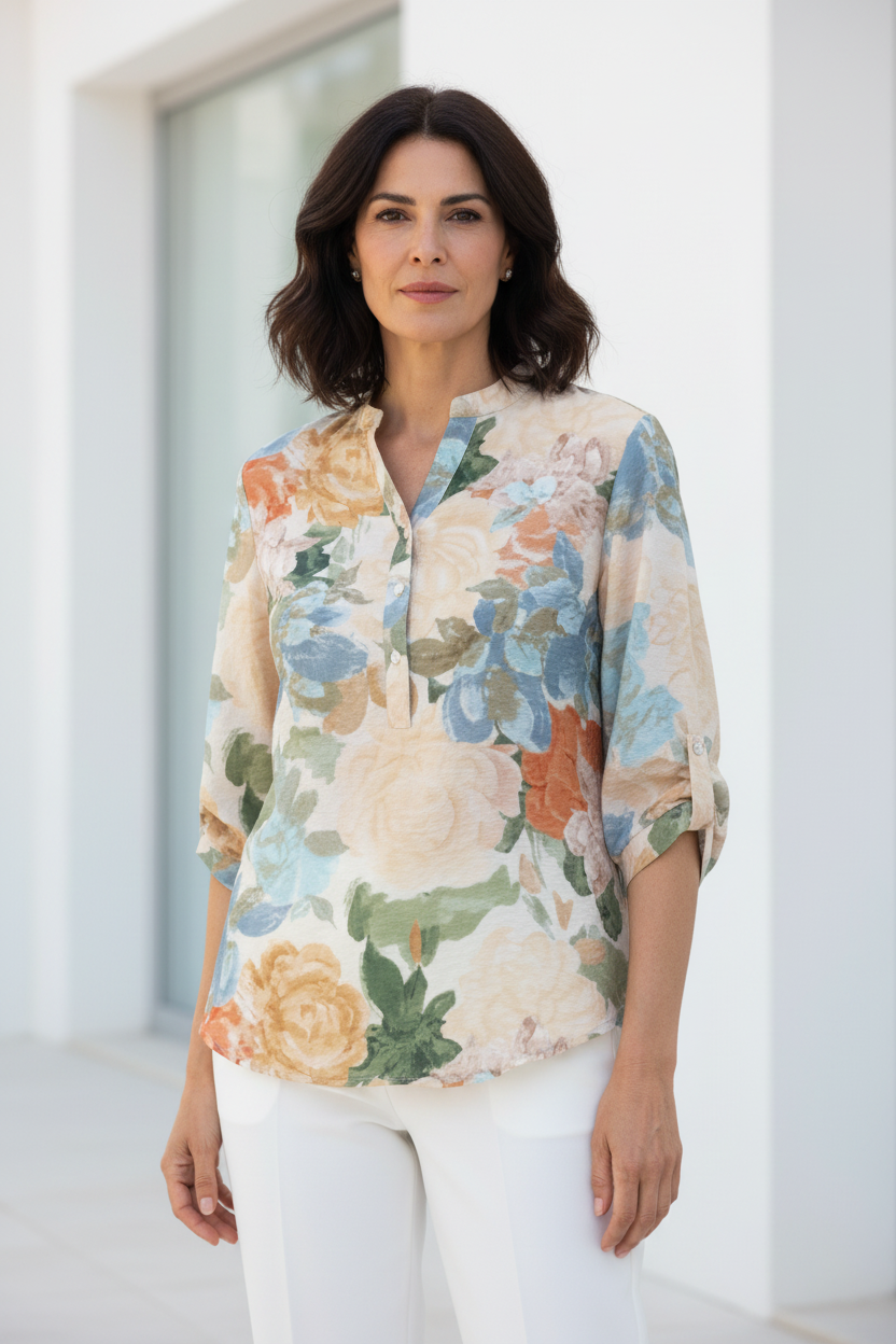 Camisa floral azul terracota con modelo española