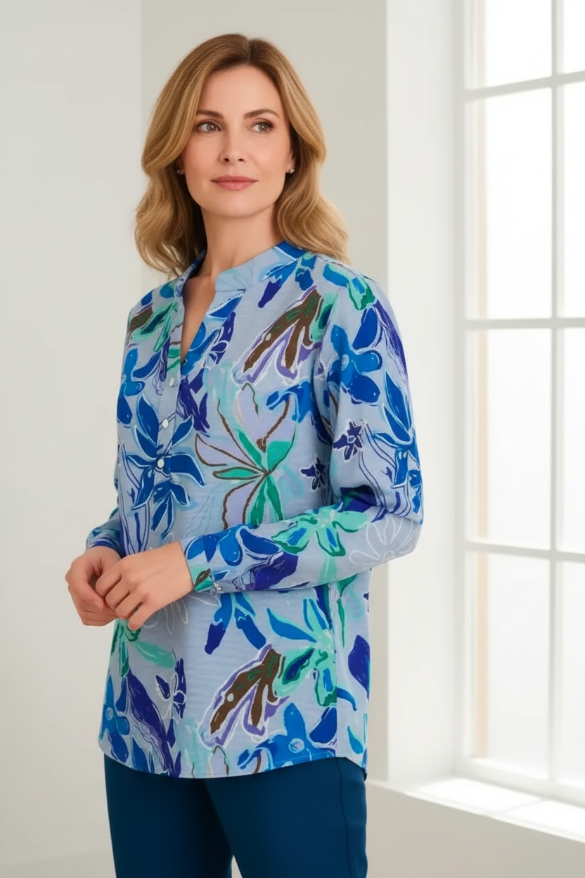 Camisa floral azul tres cuartos