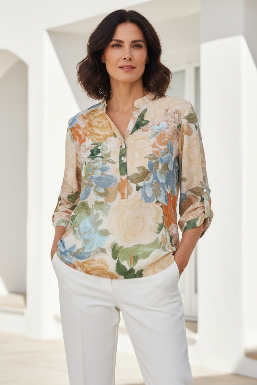 Camisa floral beige azul con modelo española